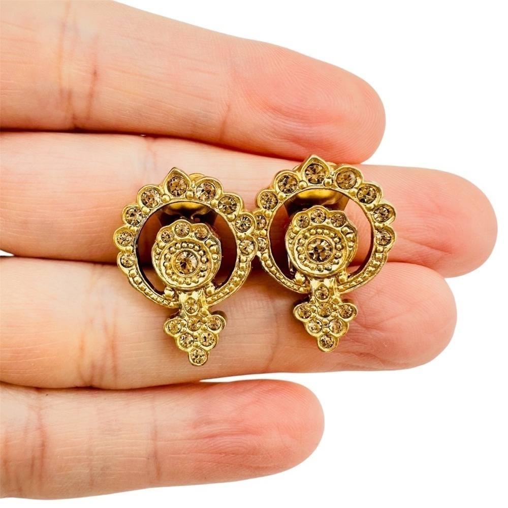 VTG Christian Dior Gold Tone Baroque Double Circles Filigree Clip Earrings - Picture 3 of 14